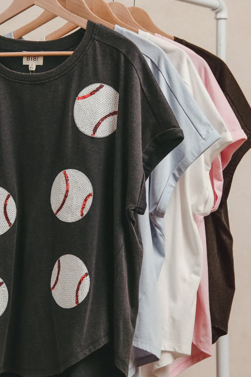 IP8188G-44 | SEQUIN BASEBALLS PATCHES WASHED SHORT SLEEVE TOP Anti Bacterial Layer OdorResistant