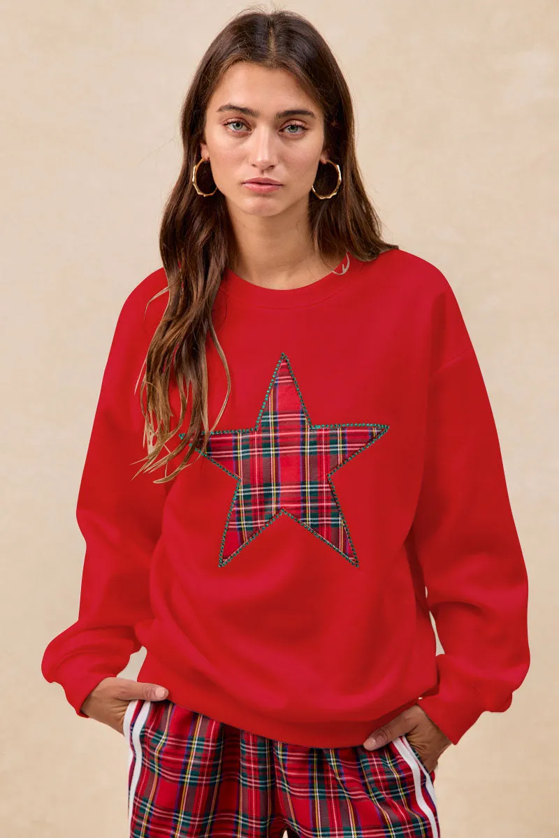 IT1508S-70 | BRUSHED TERRY CHRISTMAS PLAID STAR PATCH TOP BreathableMeshInsert Basic Wardrobe