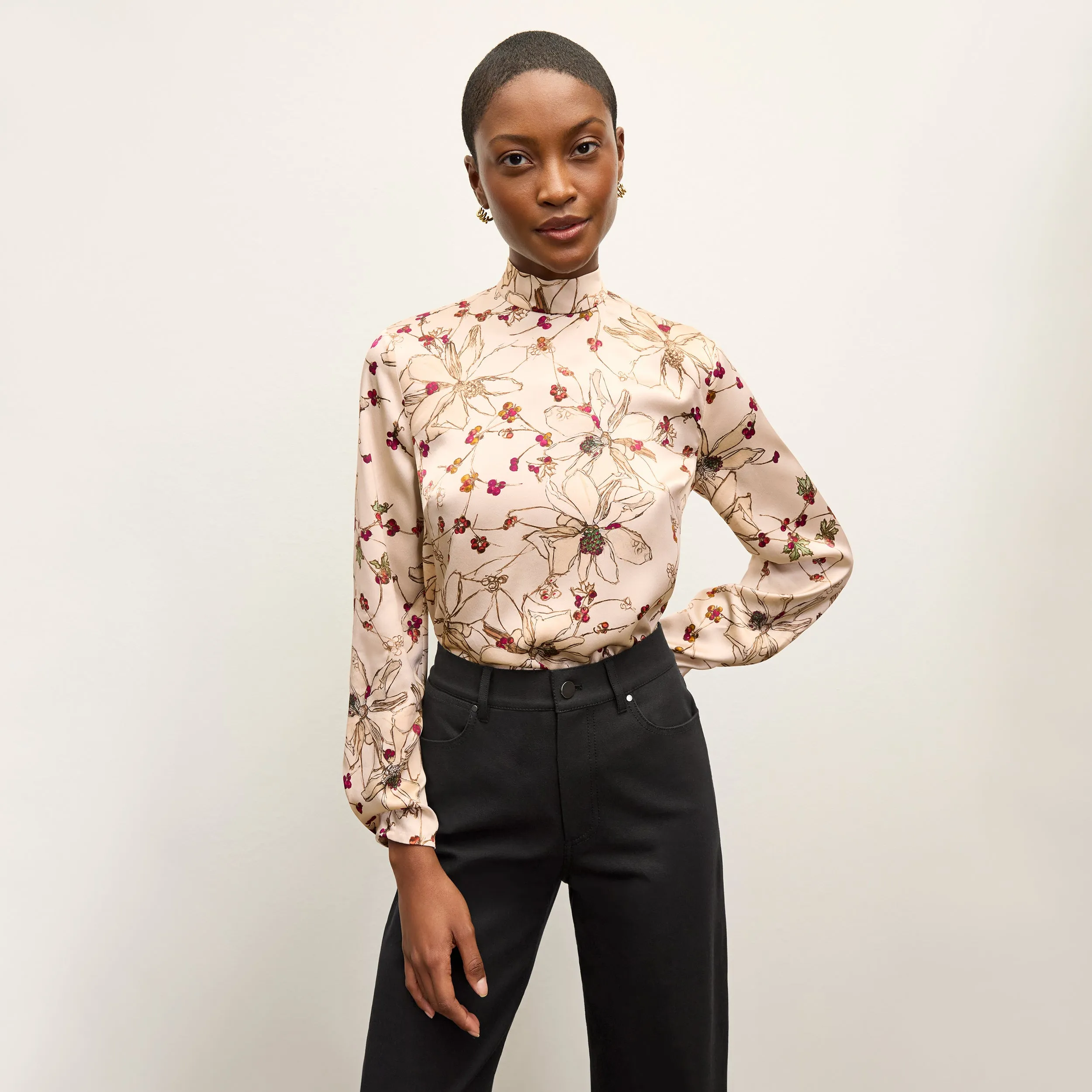 Sohee Top - Washable Silk Charmeuse :: Botanical Print Casual Pullover Non Restrictive Mobility