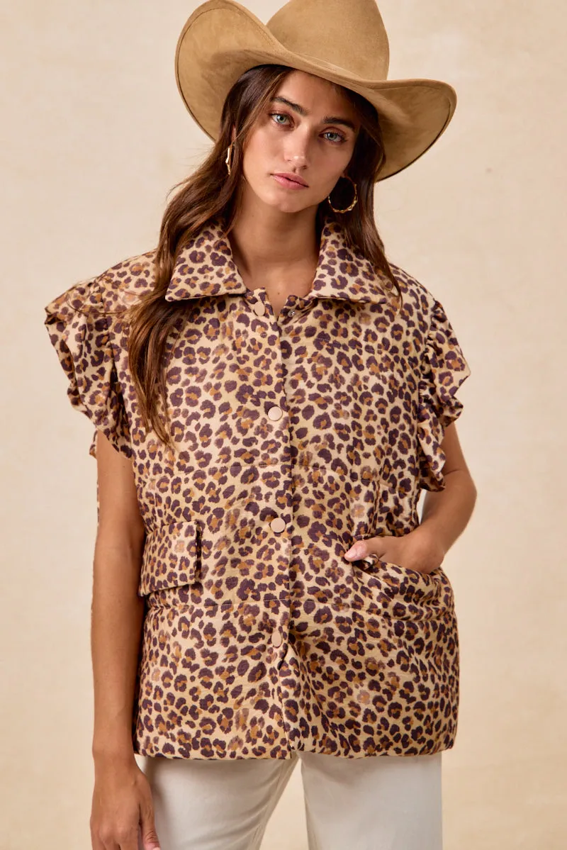 Heat Retention Layer IP8573S-09 | LEOPARD PRINTED PUFFER VEST WITH RUFFLED DETAIL