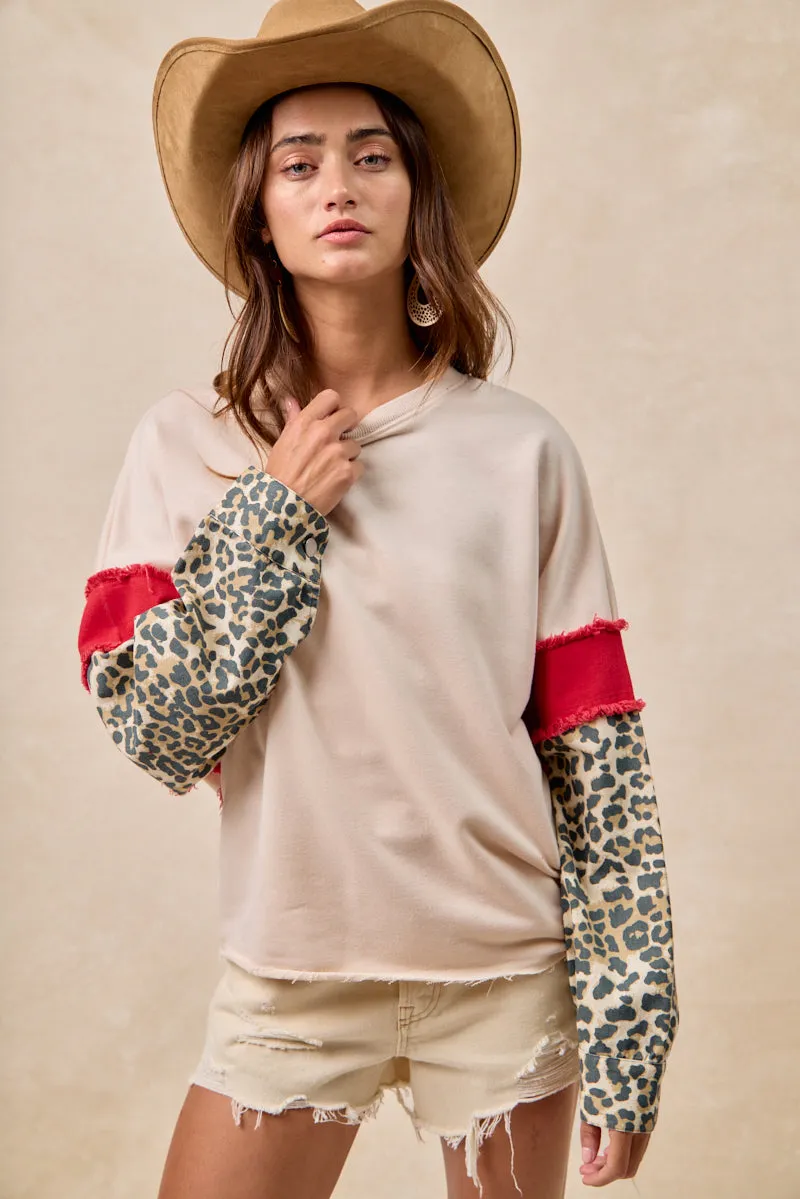 IT4603S-01 | FRENCH TERRY WITH LEOPARD SLEEVES TOP No Smell Top Guard