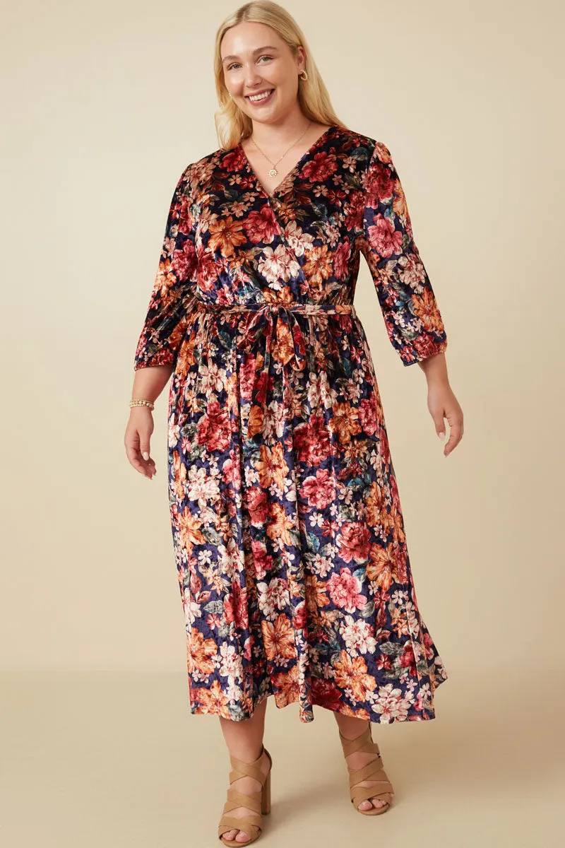 Floral Surplice Belted Velvet Dress Travel Style