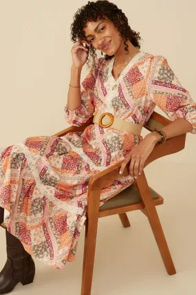 Morning Wear Quilt Print Lace Detail Tiered Dress