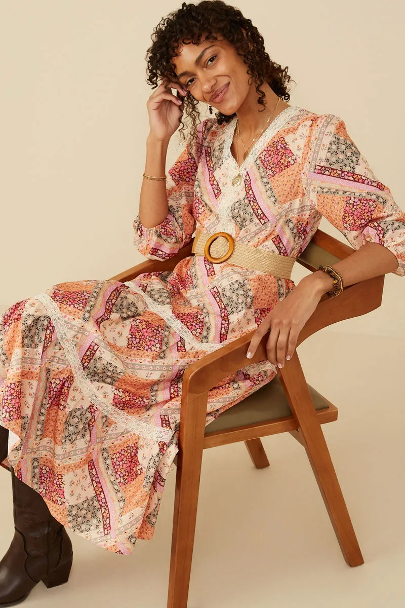 Fresh Stitch Quilt Print Lace Detail Tiered Dress