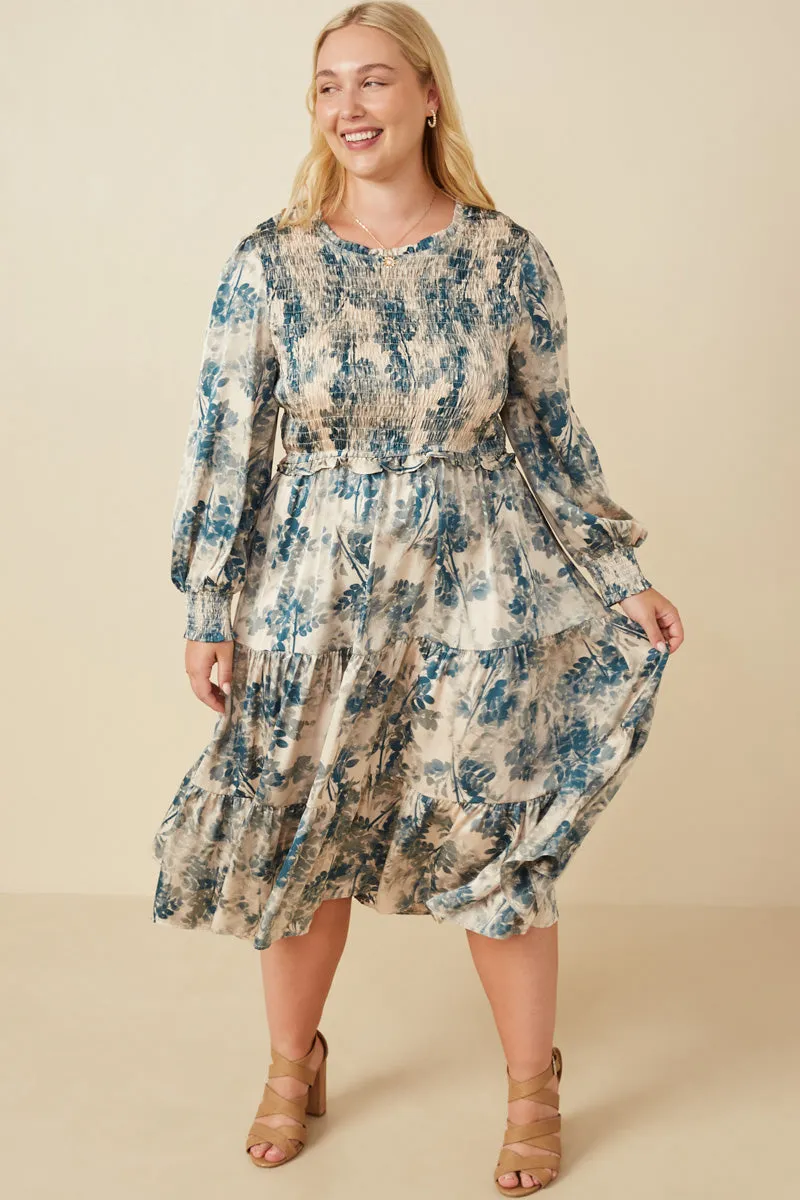 Botanical Print Smocked Bodice Satin Dress Chill Lines