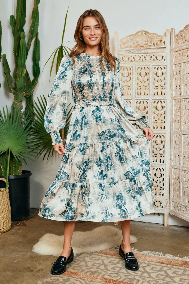 Botanical Print Smocked Bodice Satin Dress Snag-Resistant Beauty Zone