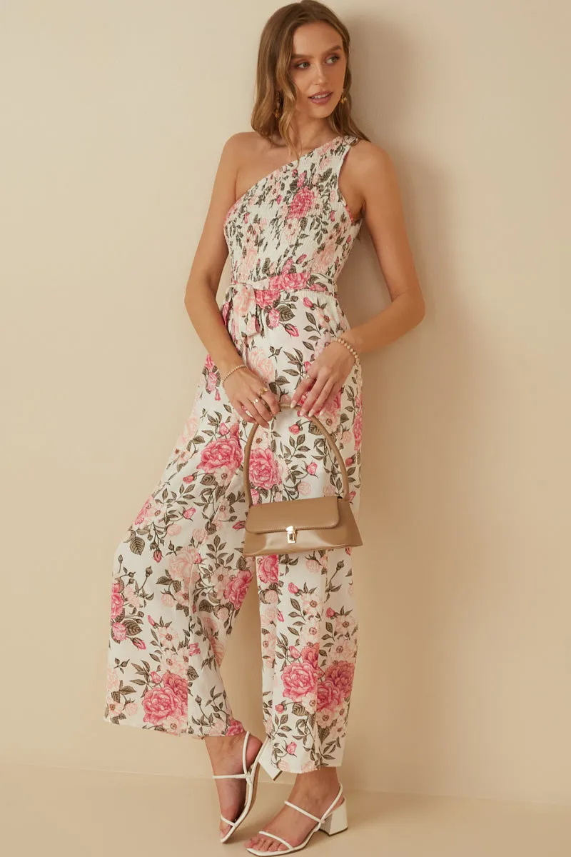 Signature-Style Romantic Floral Smocked One Shoulder Jumpsuit