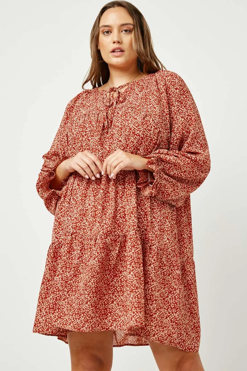 Sharp Motion Ditsy Floral Tie Neck Long Sleeve Dress