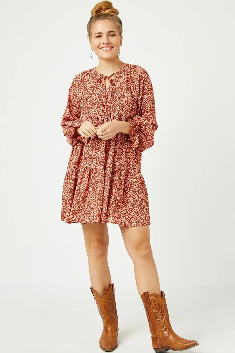 Red-Carpet Ditsy Floral Tie Neck Long Sleeve Dress