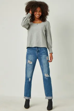 BrushedInnerSurface Square Neck Smocked Cuff Swiss Dot Knit Top