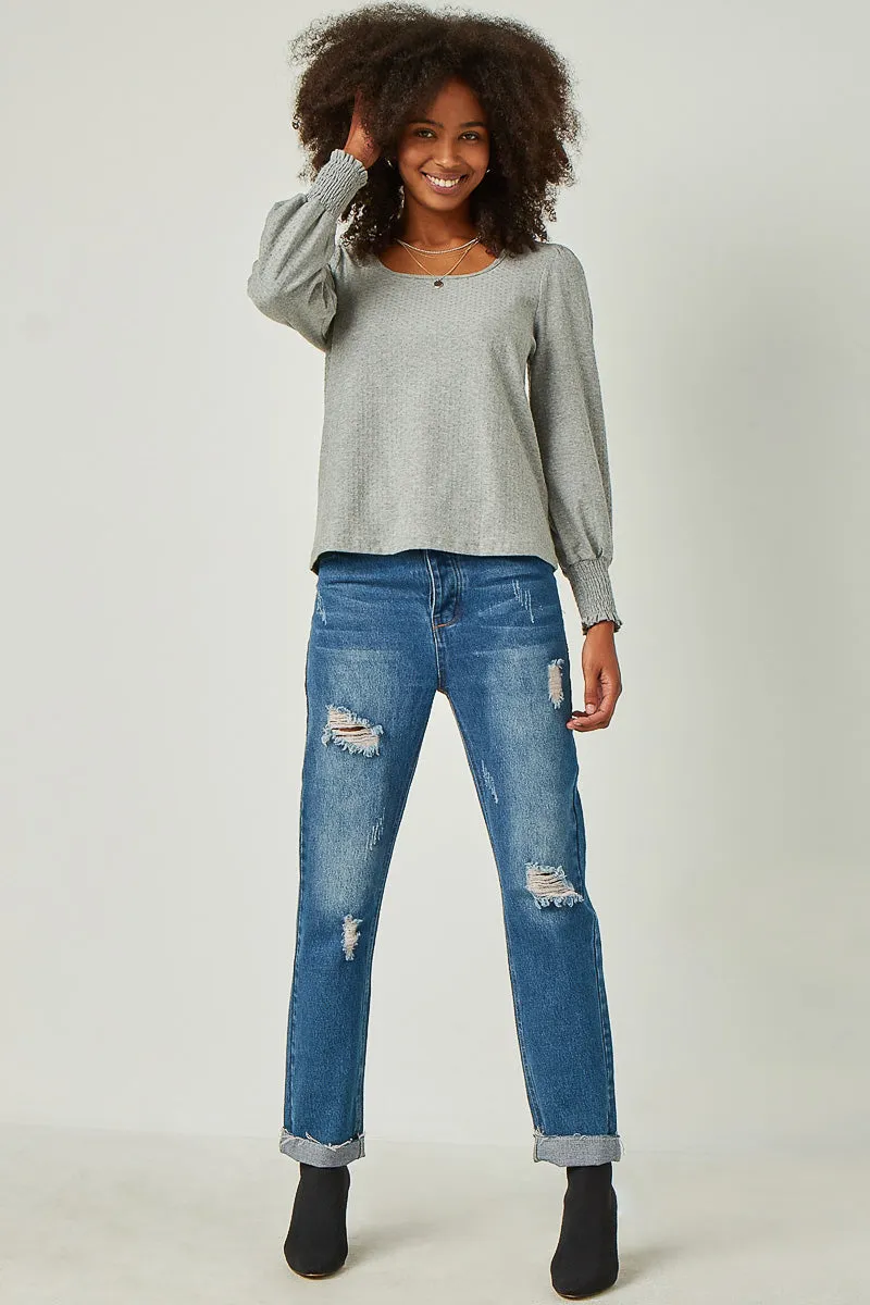 BrushedInnerSurface Square Neck Smocked Cuff Swiss Dot Knit Top