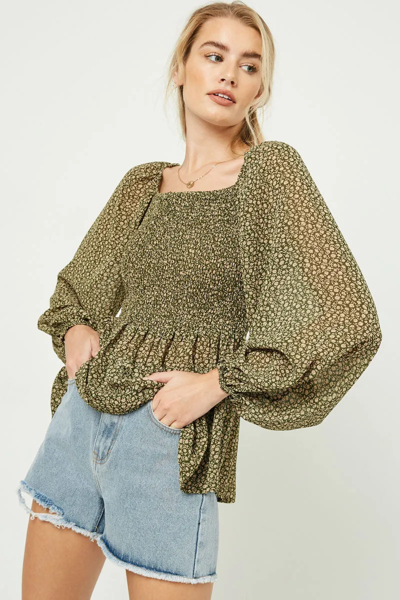 Durable Interlock Stitch Square Neck Smocked Ditsy Floral Top