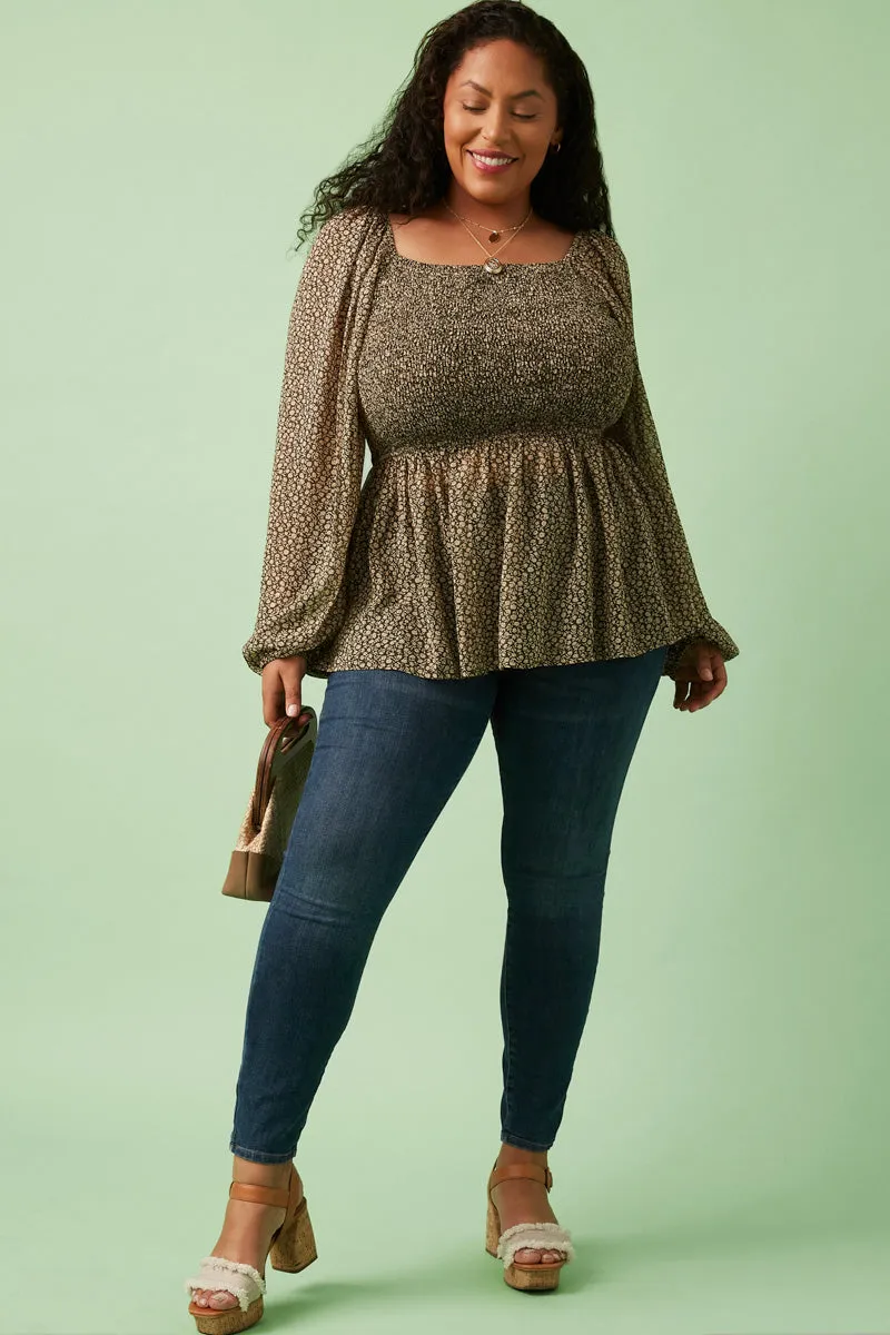 Square Neck Smocked Ditsy Floral Top TaglessNecklineComfort