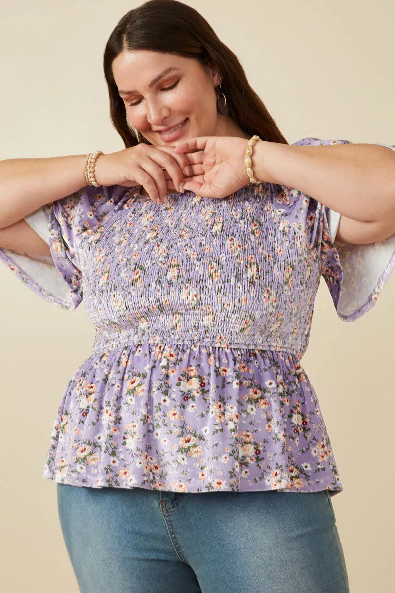 Weighted Hem Trim FourWay Stretch Square Neck Smocked Floral Velvet Peplum Top