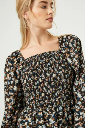 AntiStaticFabric Square Neck Smocked Long Sleeve Top