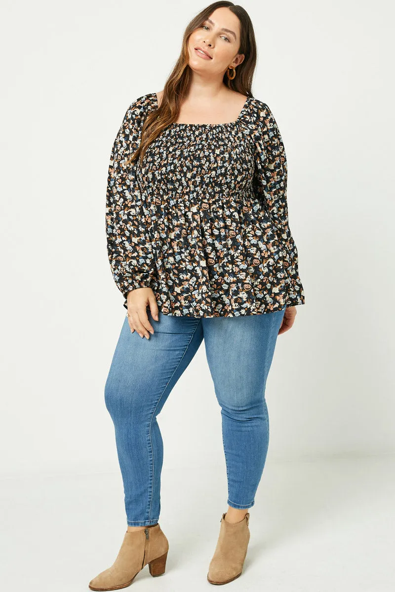 Square Neck Smocked Long Sleeve Top Two Tone Texture Effect