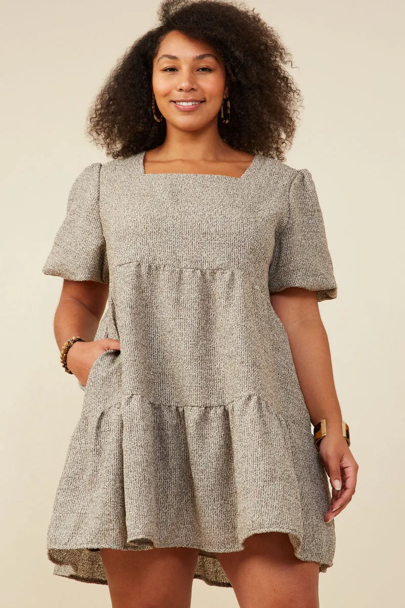 Square Neck Textured Knit Bubble Sleeve Dress Modest Light