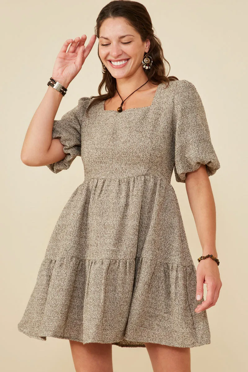 Square Neck Textured Knit Bubble Sleeve Dress Smooth Vibes