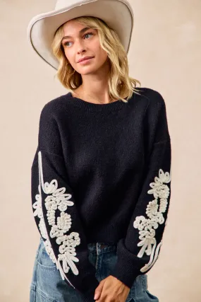 IT4695-01 | FLOWER EMBROIDERED SLEEVES SWEATER TOP Anti Chafe Lining