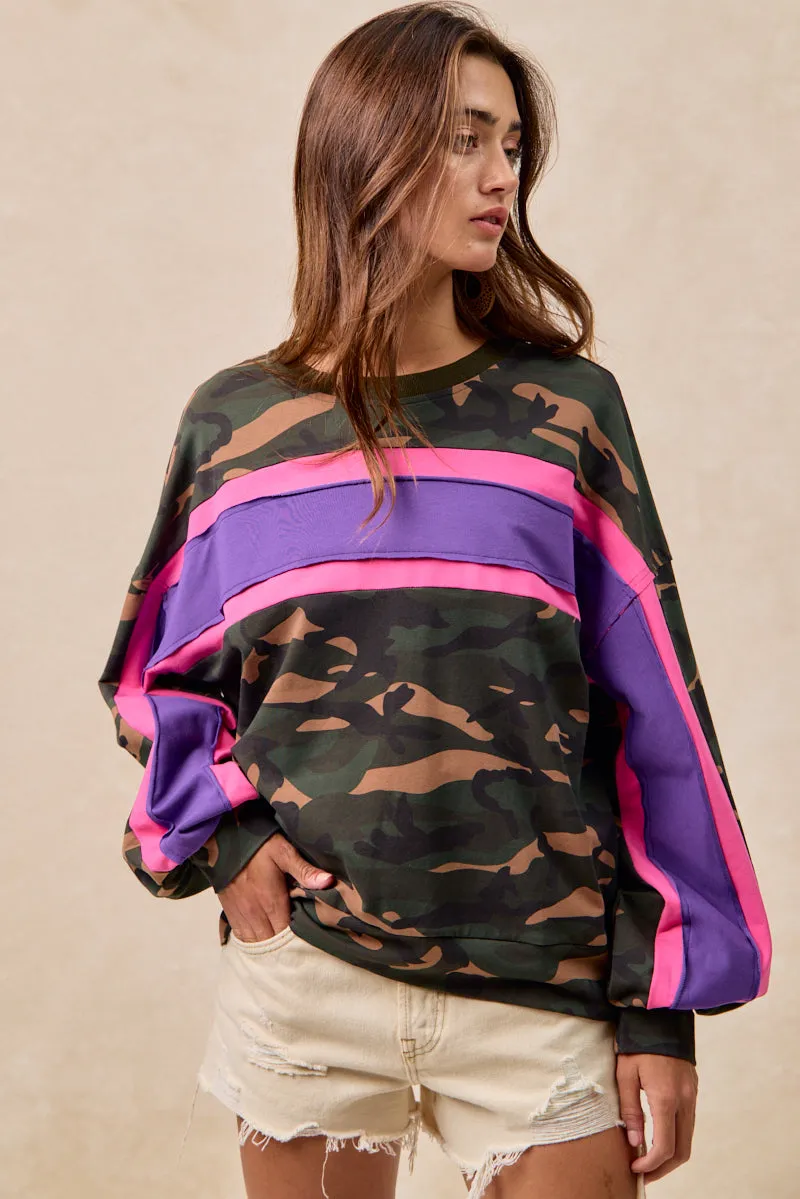 Quick-Dry Material All-Season Wear IT1485S-03 | CAMO FRENCH TERRY COLOR BLOCK TOP WITH CUT EDGE