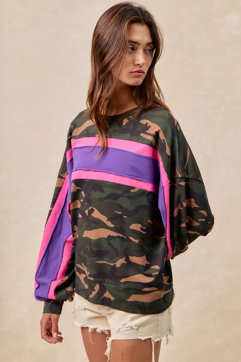 Travel-Ready IT1485S-03 | CAMO FRENCH TERRY COLOR BLOCK TOP WITH CUT EDGE