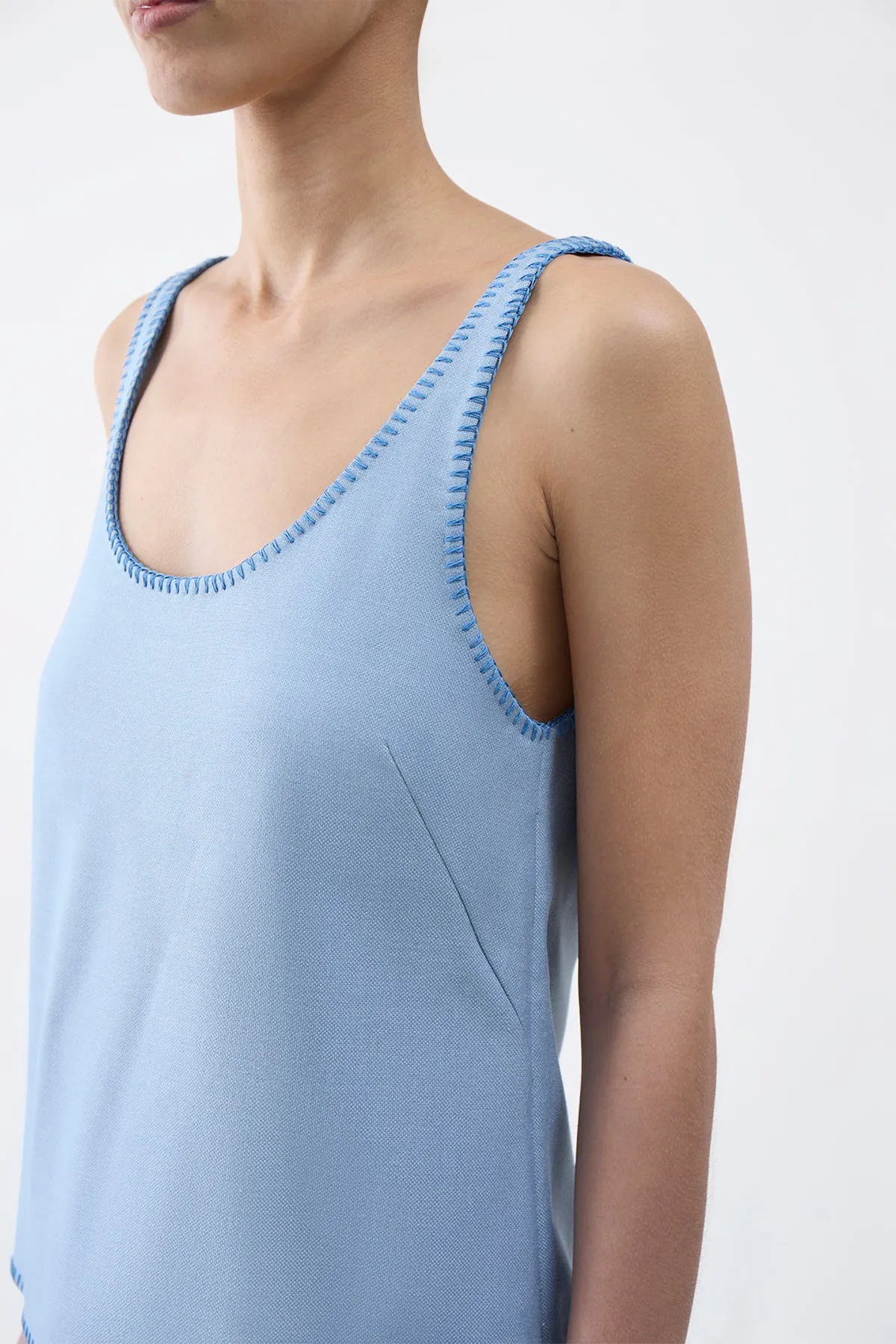 Muriel Tank Top in Stone Blue Silk Virgin Wool Reinforced Shoulder NonPill Surface Treatment