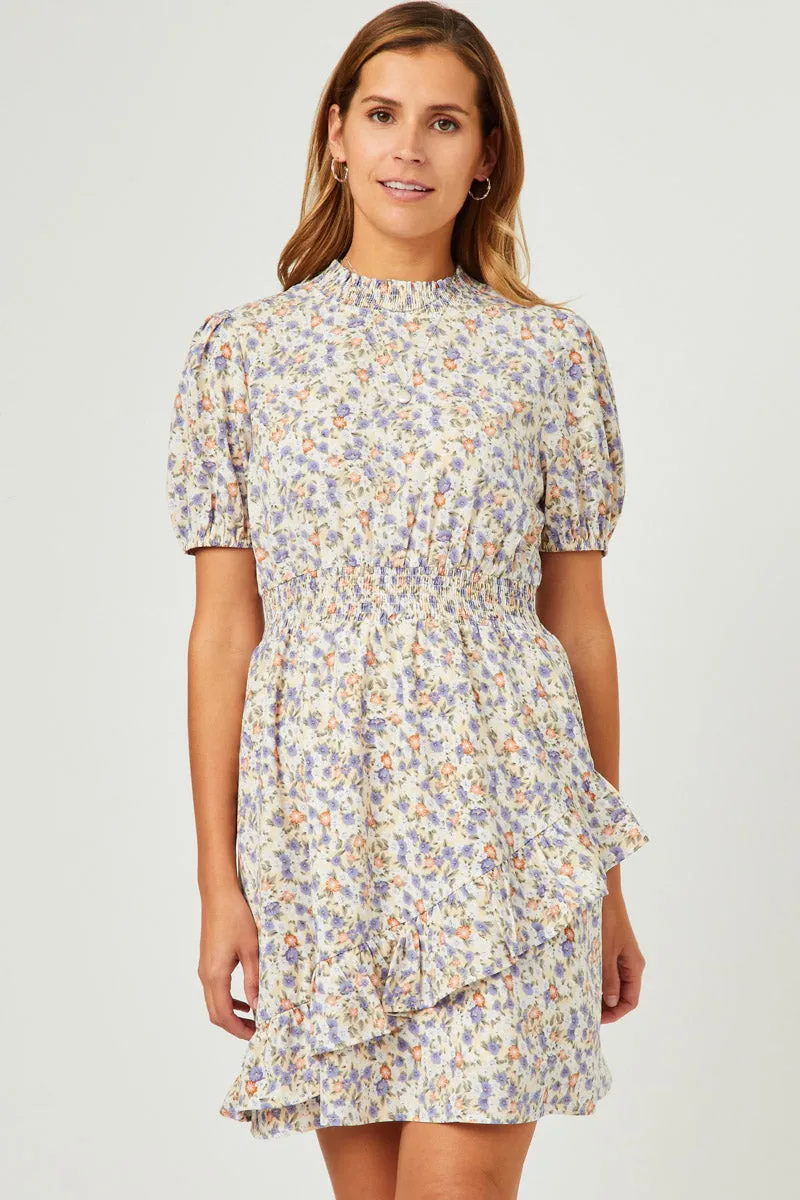button detail Floral Smocked Neck Asymmetric Ruffle Dress