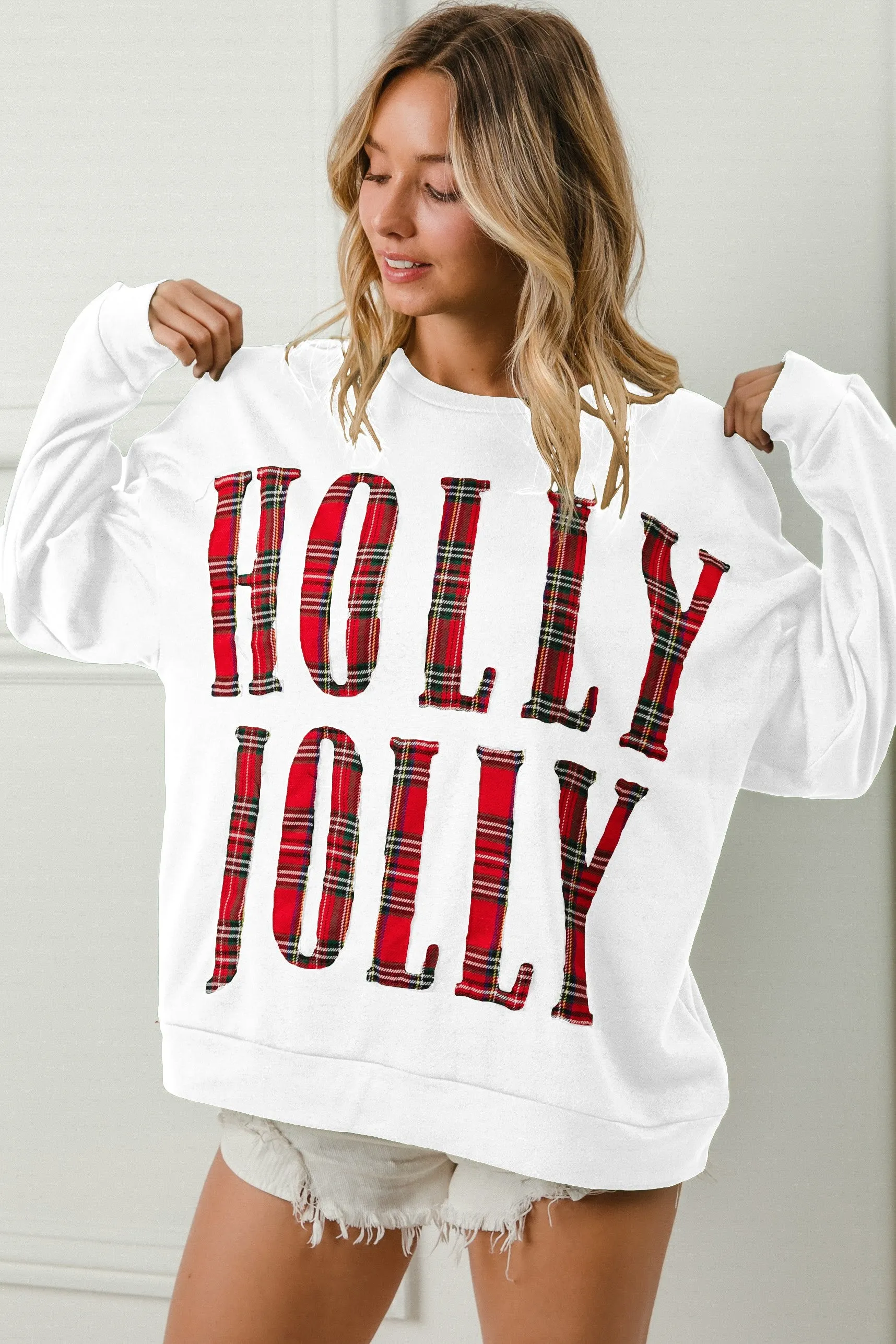IT1508G-44 | PLAID HOLLY JOLLY LETTERING CHRISTMAS SWEATSHIRT Wrinkle Resistant Finish Multi Pocket Configuration