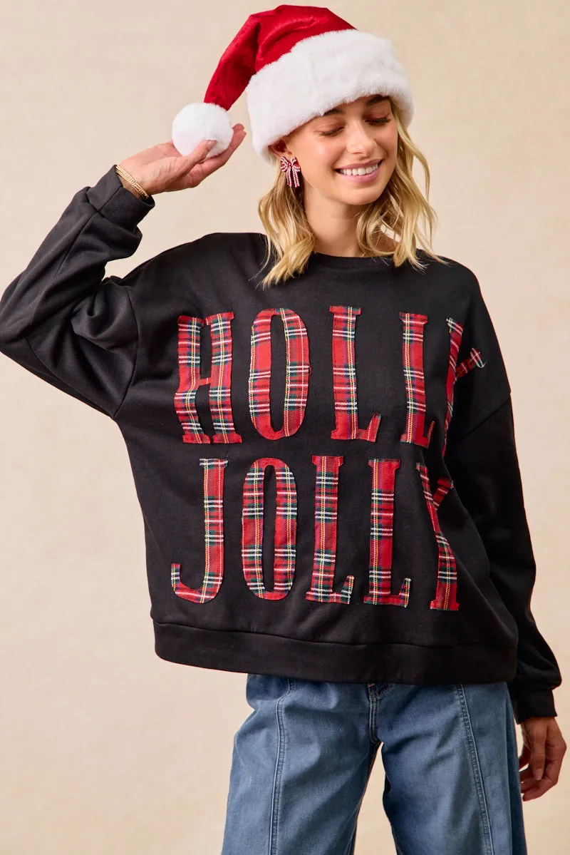 IT1508G-44 | PLAID HOLLY JOLLY LETTERING CHRISTMAS SWEATSHIRT Laser Cut Edges