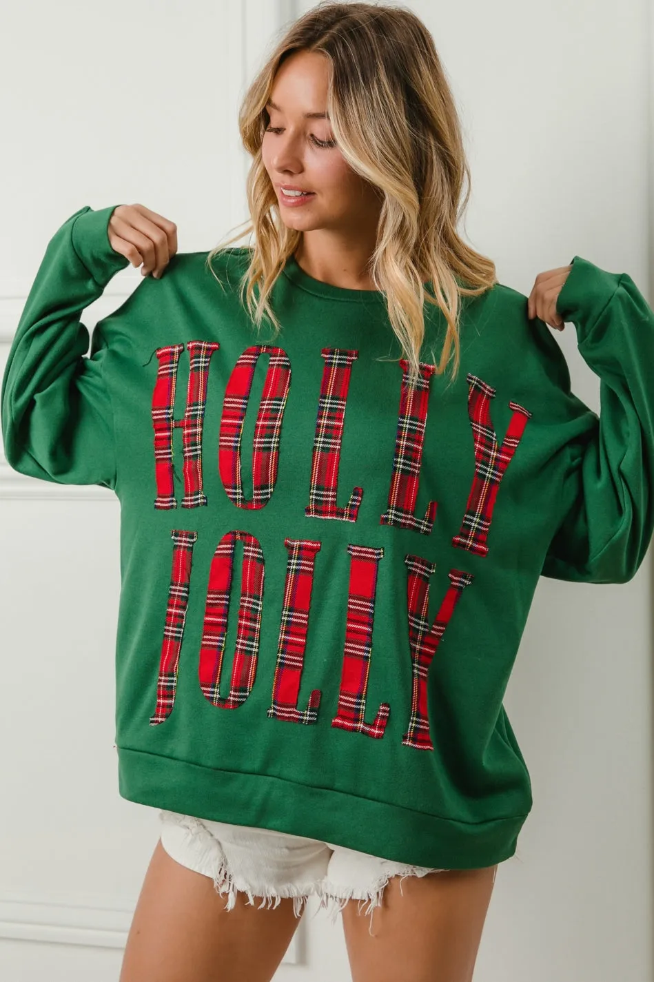 Abrasion resistant Travel Friendly IT1508G-44 | PLAID HOLLY JOLLY LETTERING CHRISTMAS SWEATSHIRT