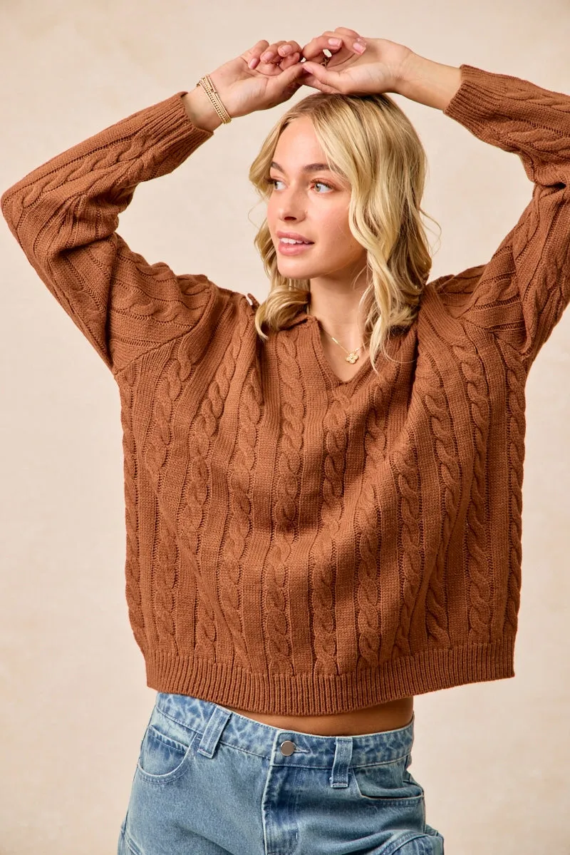 IT4493H-02 | CABLE KNIT SWEATER TOP WITH NECKDROP COLLARED Quick Flex Flexible Wear