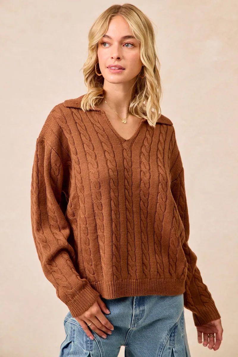 SmoothZipClosure QuickReleaseFastenings IT4493H-02 | CABLE KNIT SWEATER TOP WITH NECKDROP COLLARED