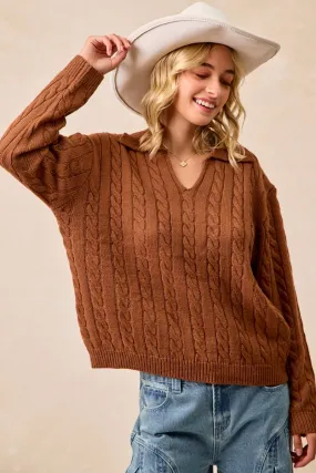 Cozy Comfort IT4493H-02 | CABLE KNIT SWEATER TOP WITH NECKDROP COLLARED