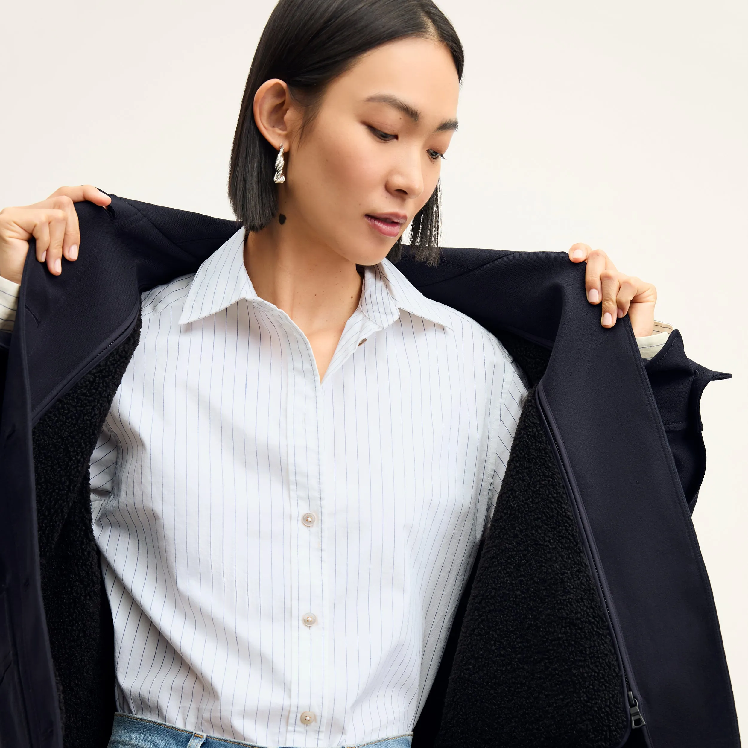 Steffi Jacket - Eco Better Than Denim with Sherpa :: Ink Classic Crew Neck Moisture Wicking Technology