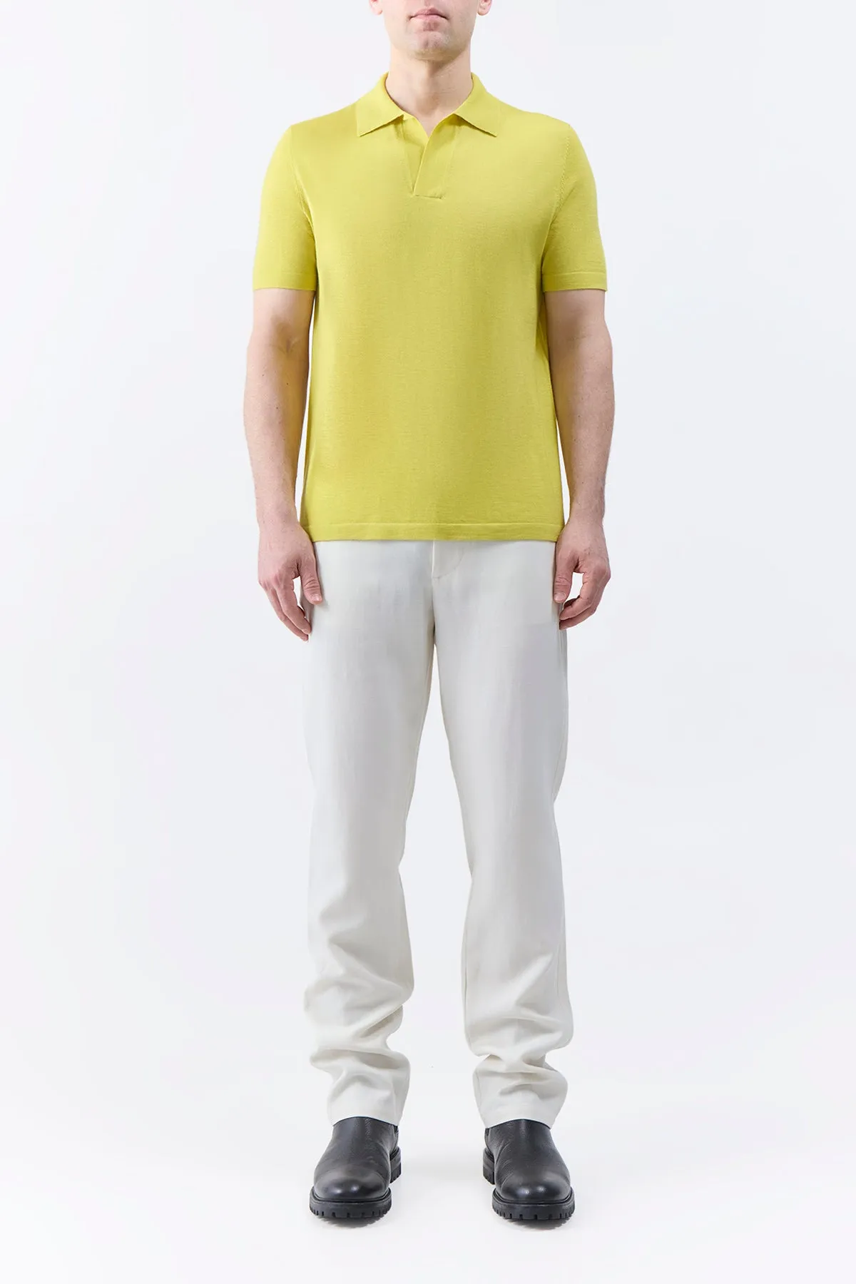Low Impact Dye Comfortable Drape Stendhal Knit Short Sleeve Polo in Lime Adamite Cashmere