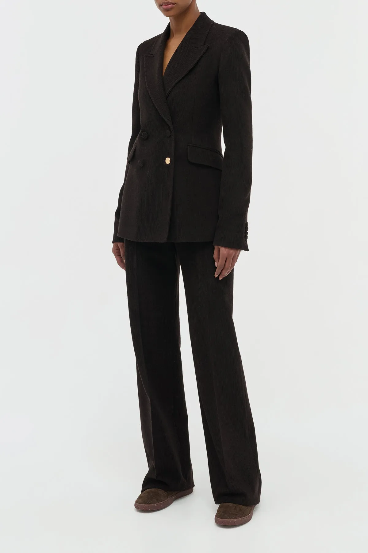 Recycled Polyester Durable Reinforced Hem Stephanie Blazer in Chocolate Fine Cashmere Corduroy