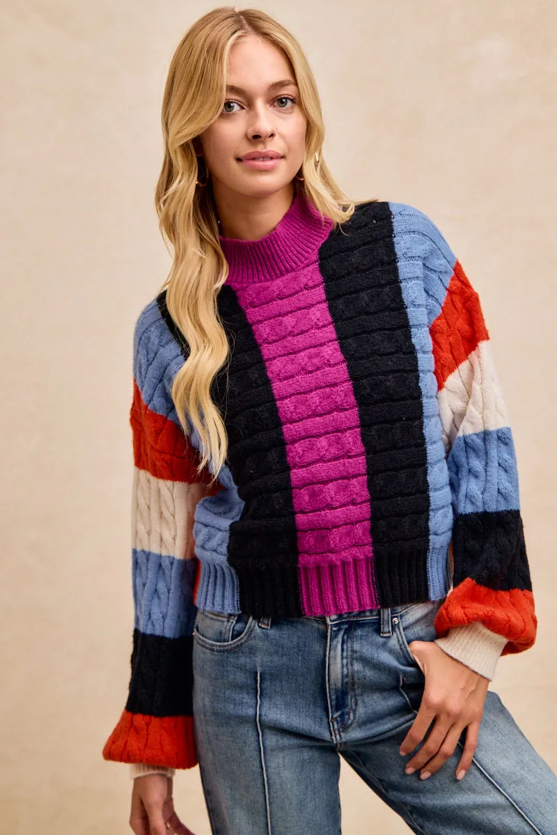 IT4881-01 | MULTI COLOR CABLE KNIT MOCK NECK TOP Sweat Wicking Liner