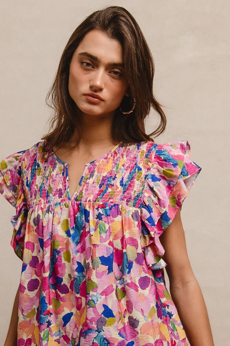 IP6845G-23 | FLORAL PRINT SHIRRED YOKE NOTCH NECK RUFFLE SLEEVES TOP DurableOuterShell