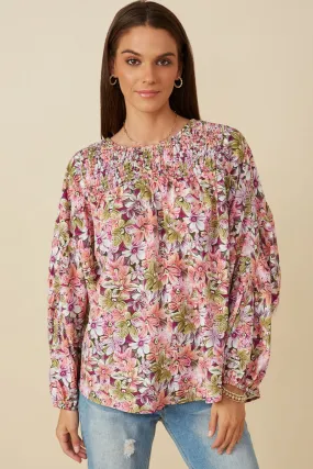 Floral Smocked Yoke Dolman Sleeve Top Earthy Tone Colorways