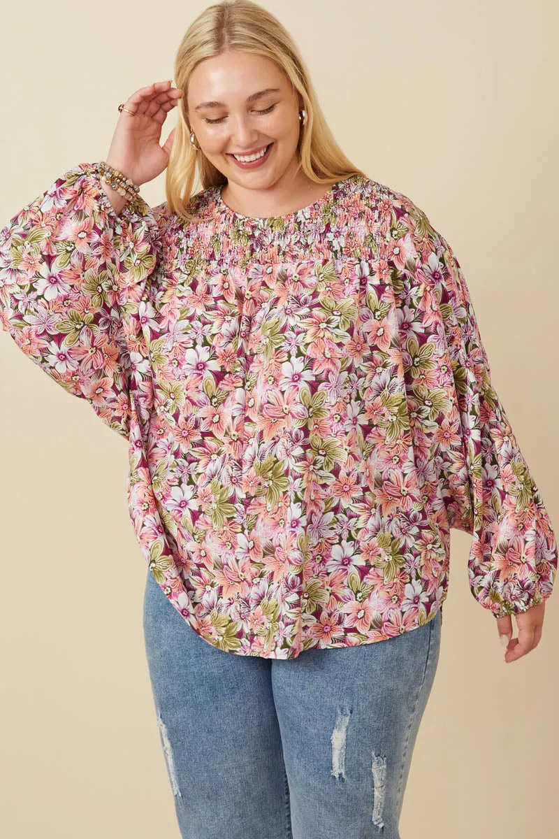 Floral Smocked Yoke Dolman Sleeve Top Ergonomic Cut