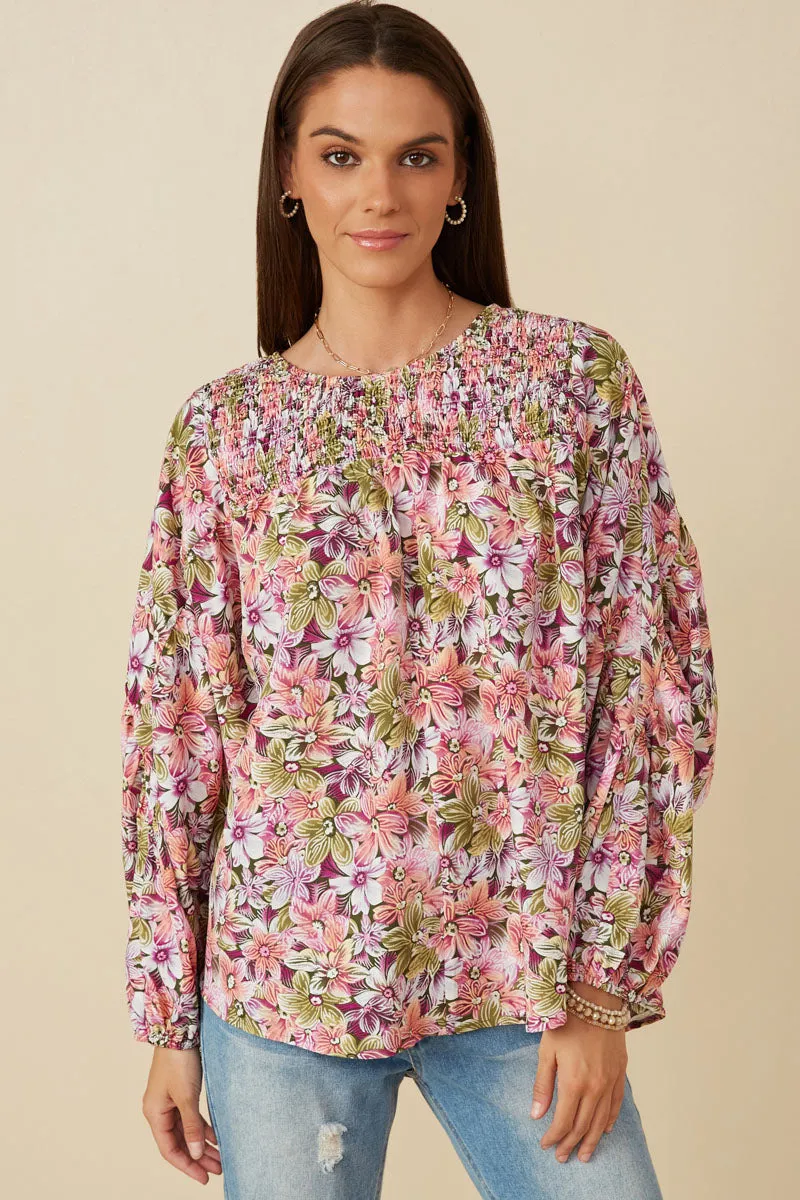 WideNeckline EthicallySourcedMaterial Floral Smocked Yoke Dolman Sleeve Top