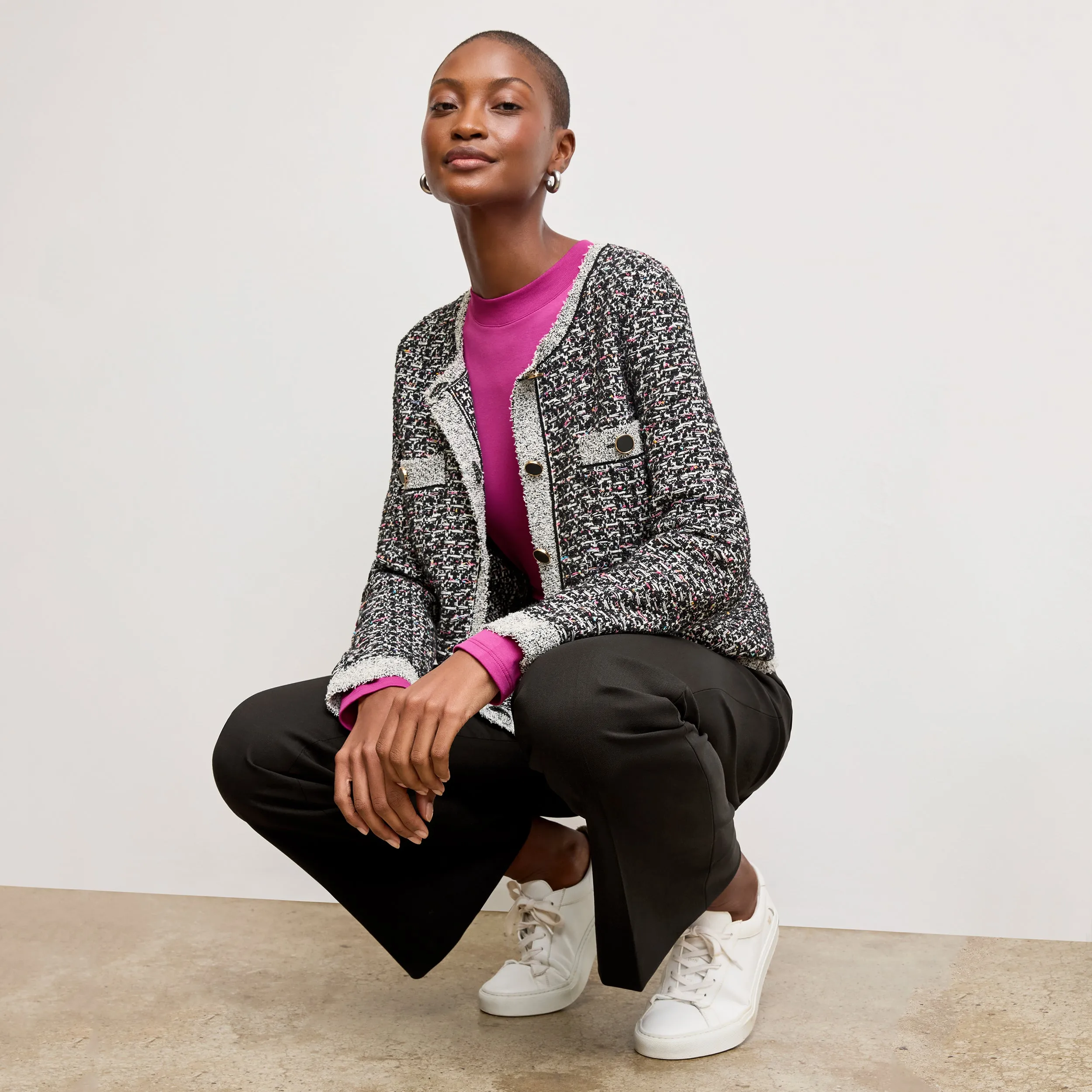 City Comforted Evangeline Lady Jardigan - Boucle Tweed Jardigan :: Black/White