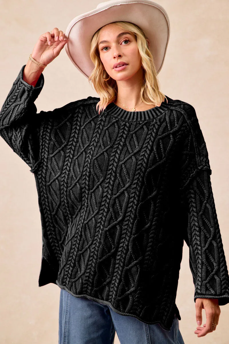 Snap Closures IT4613G-01 | CABLE KNIT WASHED SWEATER TOP