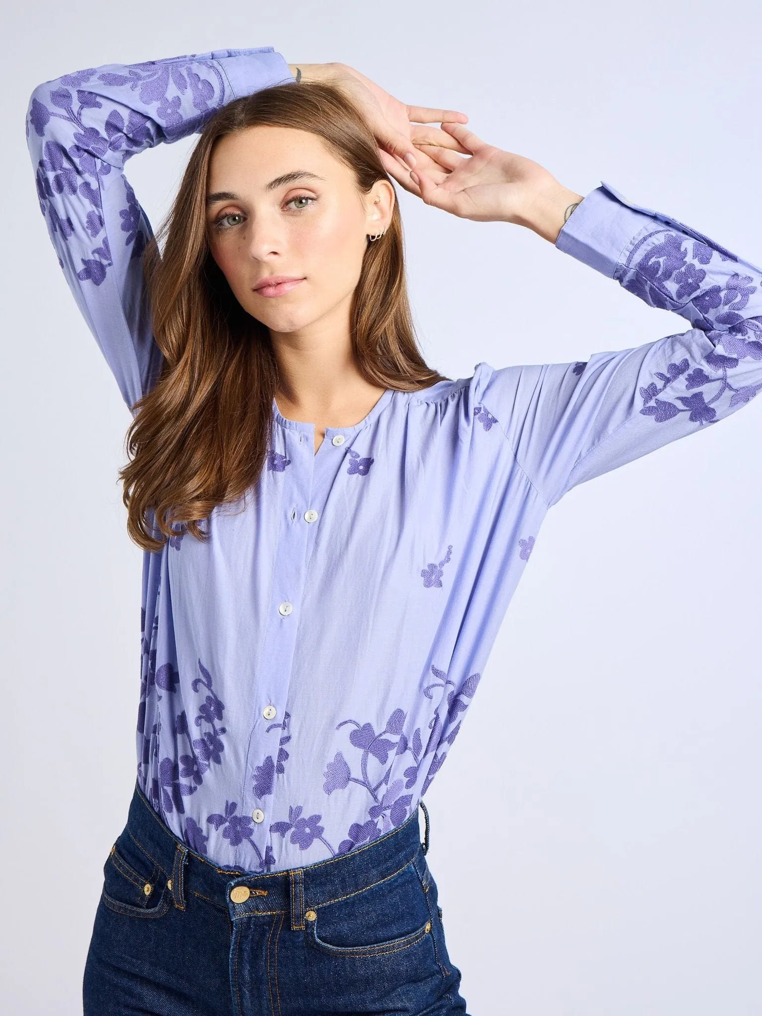 Midweight Four Way Stretch DoubleLayered Neckline Florian Top in Periwinkle Embroidery