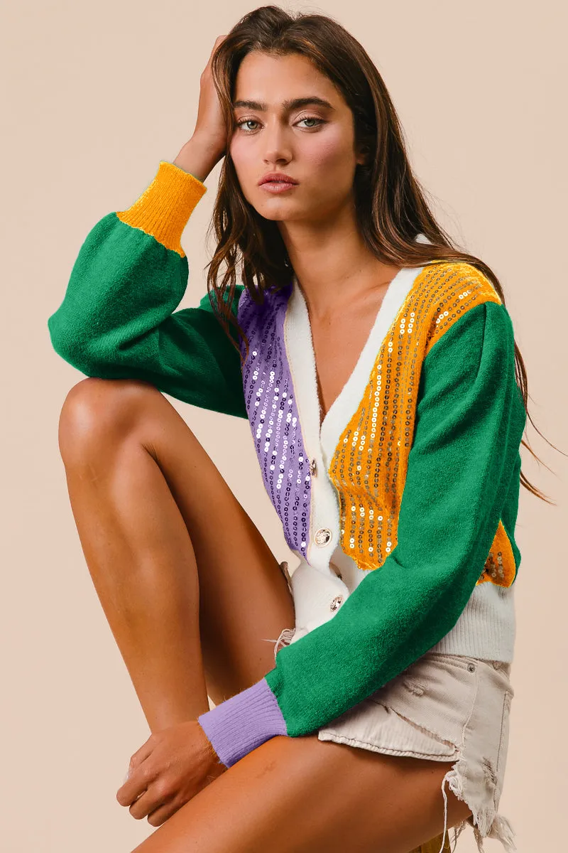 Contrast Stitch Detail IT3157-01 | MARDI GRAS COLOR BLOCK SEQUIN SWEATER CARDIGAN