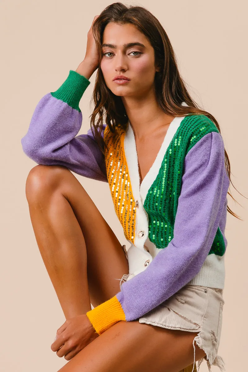 Adjustable Cuffs IT3157-01 | MARDI GRAS COLOR BLOCK SEQUIN SWEATER CARDIGAN