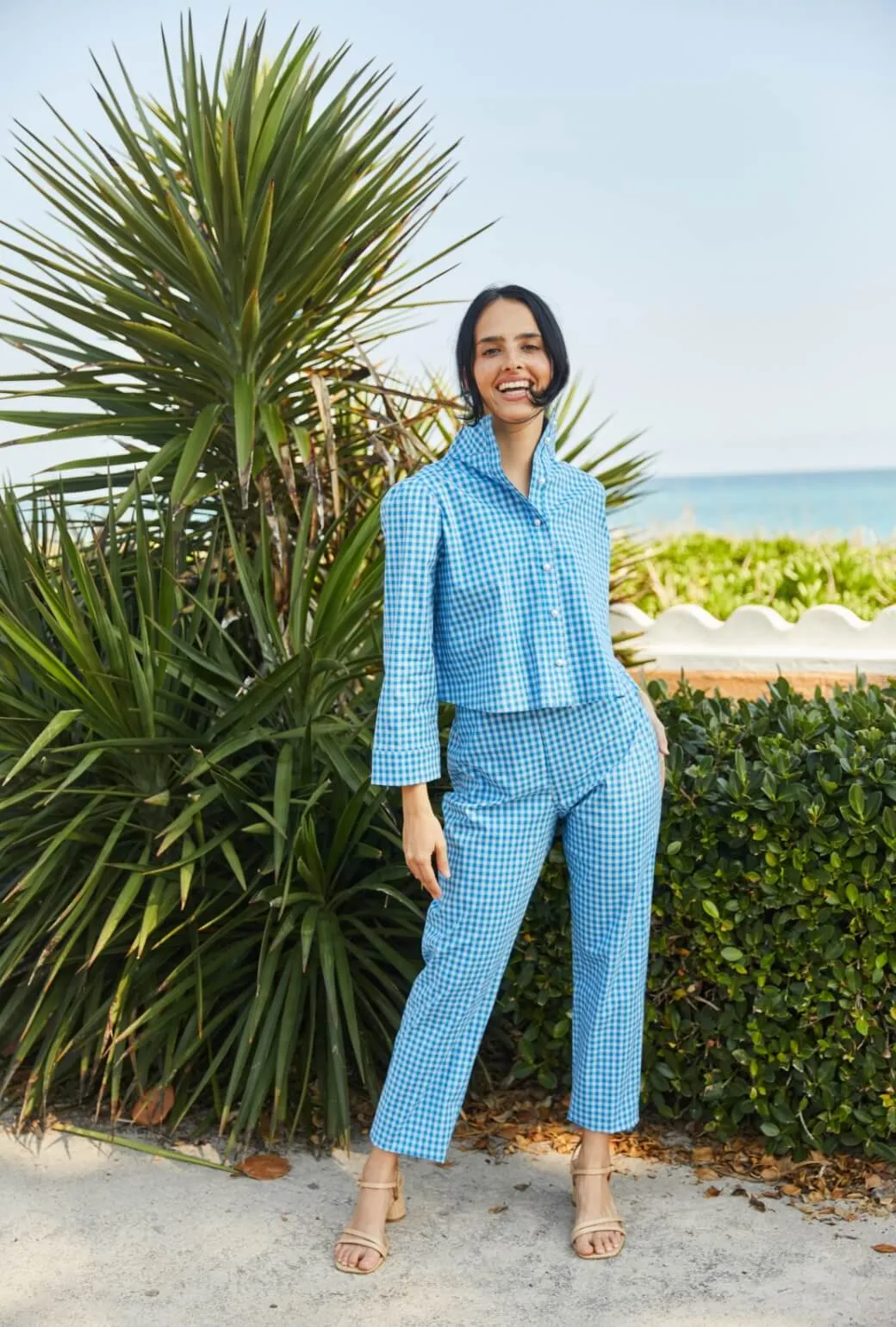 Metallic accents Non Slip Waistband SAMPLE - Cropped Cigar Pant - Blue Gingham