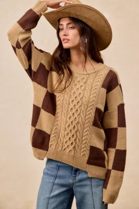Flexible Ribbed Cuffs IT4775H-01P | CHECKER BOARD PATTERN CABLE KNIT SWEATER TOP