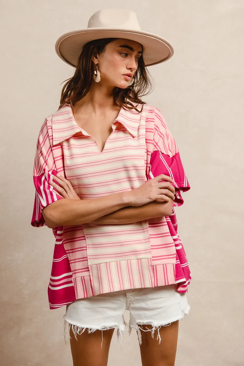 IT1219S-02 | STRIPE MIX AND MATCH V NECK COLLARED TOP Zero Waste Cut Pattern Drop Shoulder Silhouette