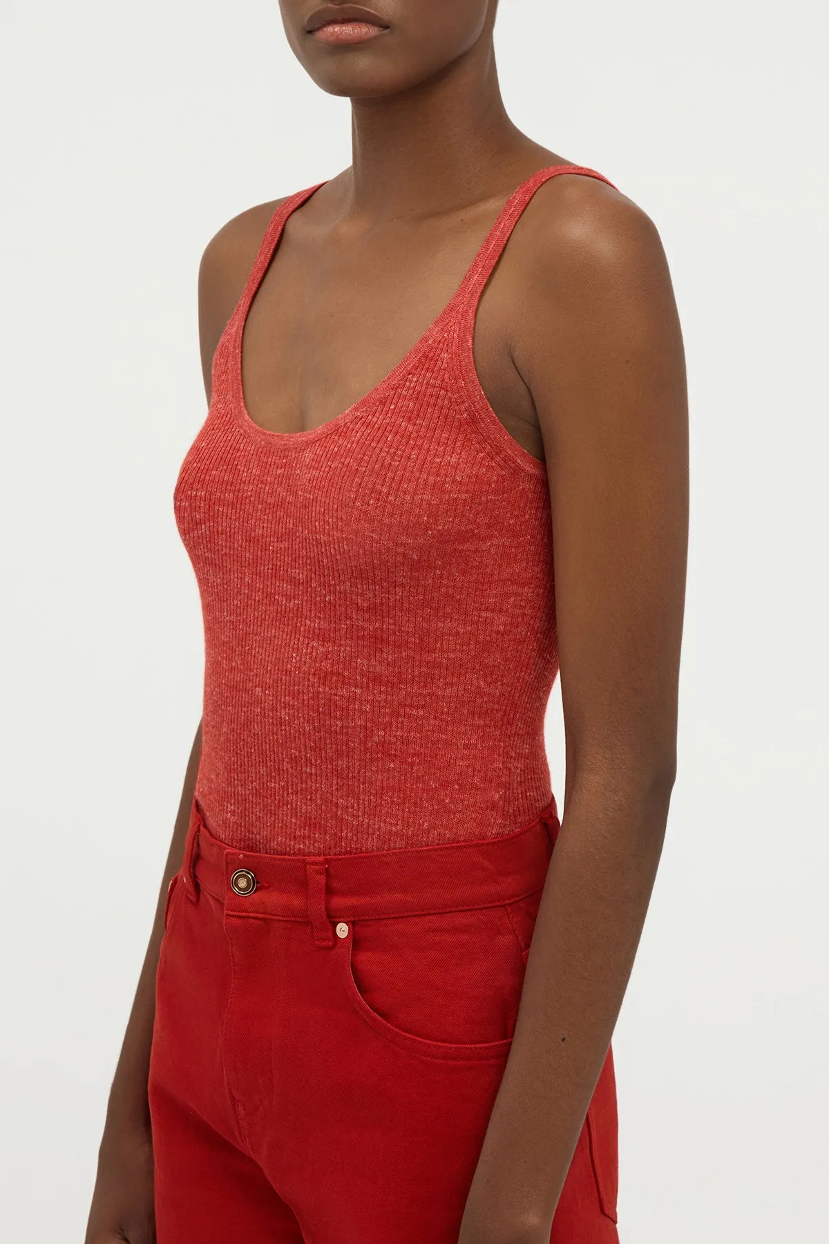 Cinxia Knit Tank Top in Antelope Orange Cashmere Silk with Hemp Adjustable Shoulder Straps Modular Pocket Layout